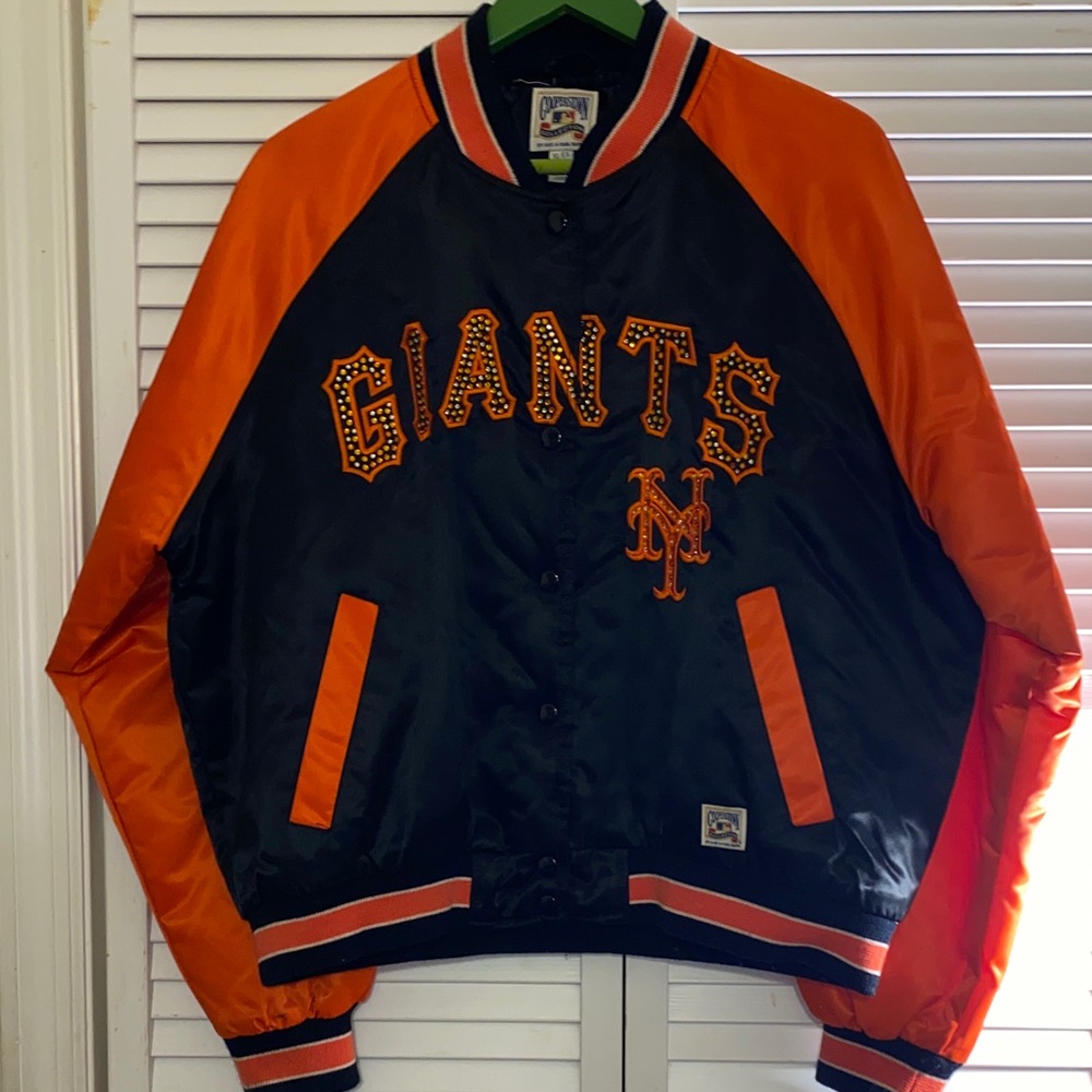 VTG 1990’s New York Giants Satin Bomber Black & Orange Snap Closure Jacket XL